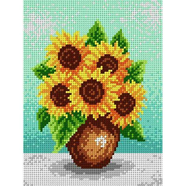 Needlepoint canvas for halfstitch without yarn Sunflowers in a Brown Vase 1940F - Printed Tapestry Canvas