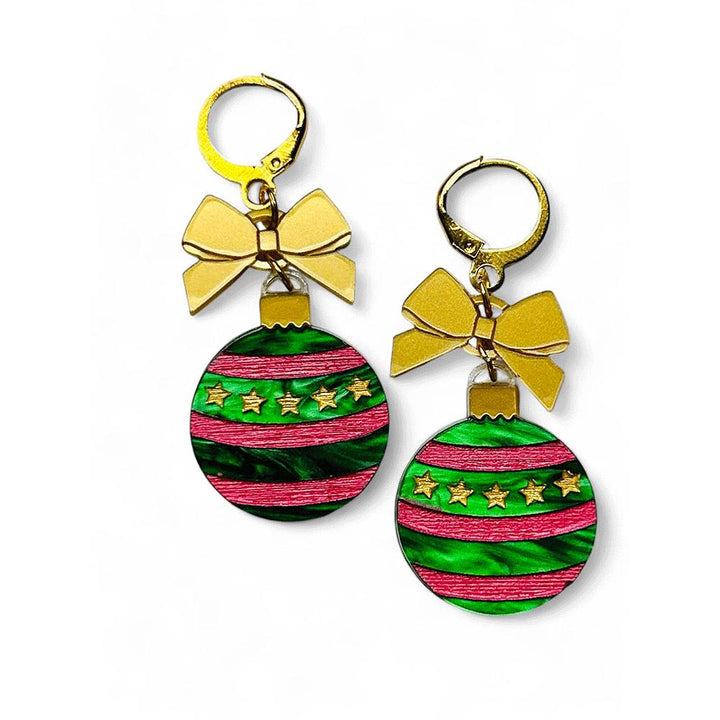 NEW! "I PICCOLINI" Earrings - Christmas Balls - Green Striped Ball image