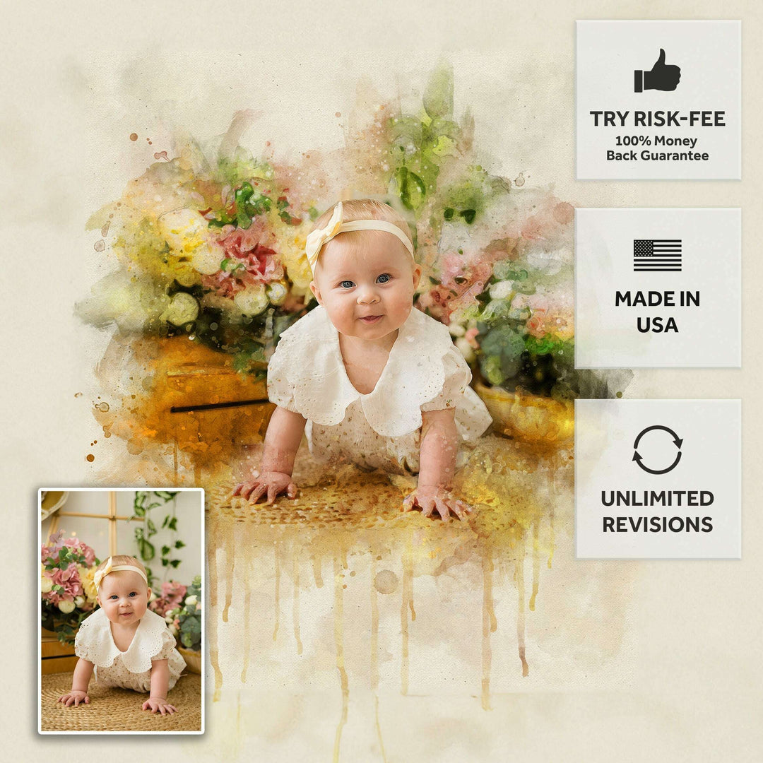 Newborn Baby Watercolor Portrait Custom Wall Art