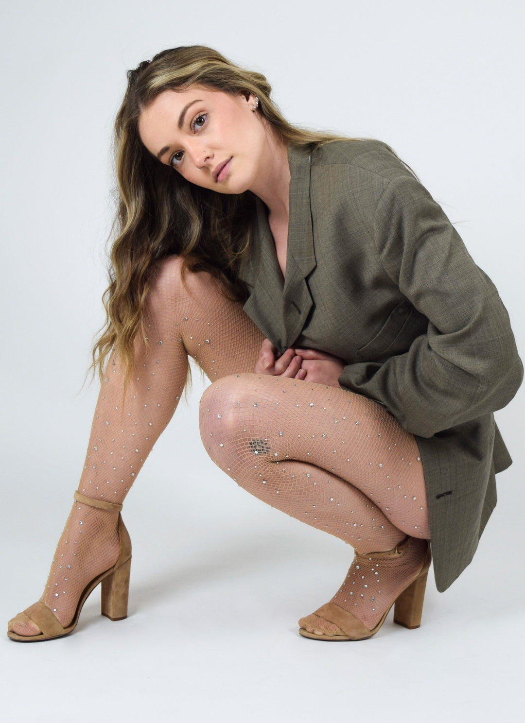 Nude Rhinestone Fishnet Tights. Petite to Plus Size