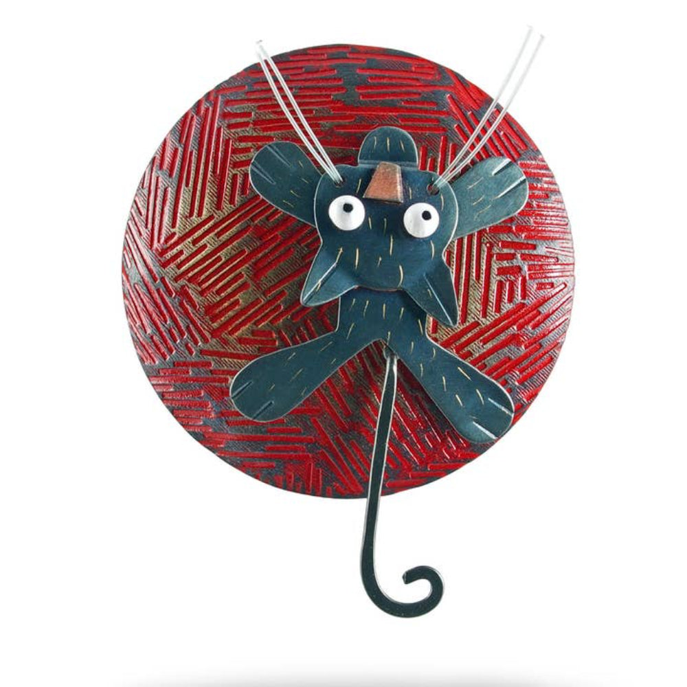 Chickenscratch On the Ball Brooch and Pendant — handmade black cat clinging to brass yarn ball with swinging tail, monofilament whiskers, convertible pin and pendant