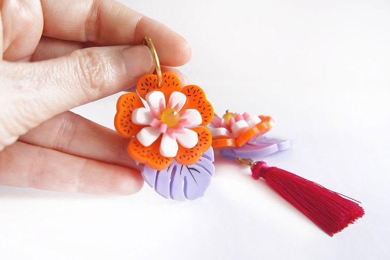 Orange Tropical Flower Earrings by Laliblue - Quirks!