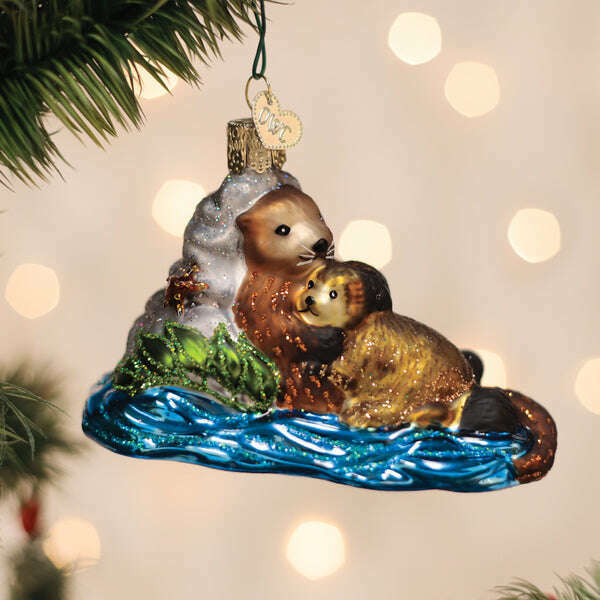 Old World Christmas Otter With Pup Blown Glass Ornament