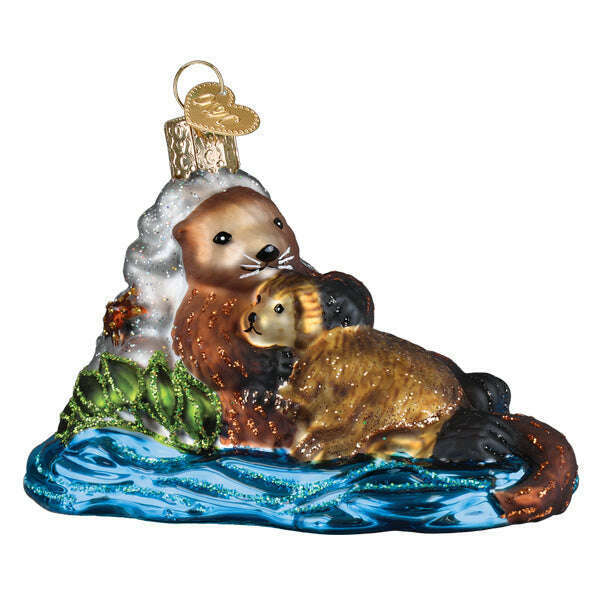 Old World Christmas Otter With Pup Blown Glass Ornament