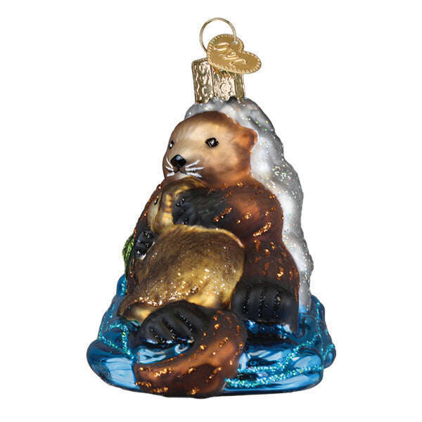 Old World Christmas Otter With Pup Blown Glass Ornament