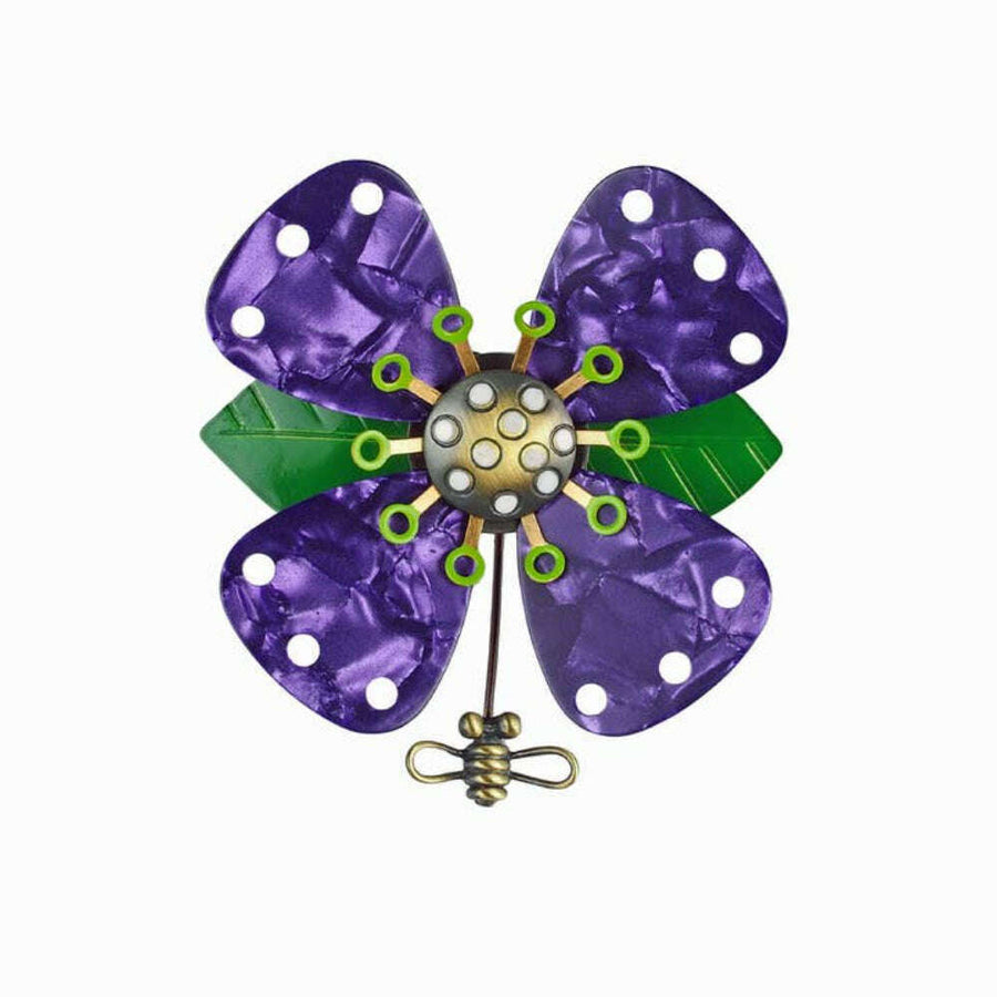 Chickenscratch Passionflower Brooch — handmade sculptural bold flower brooch with purple guitar pick petals, multi-layer brass fabrication, hand-sharpened pin stem