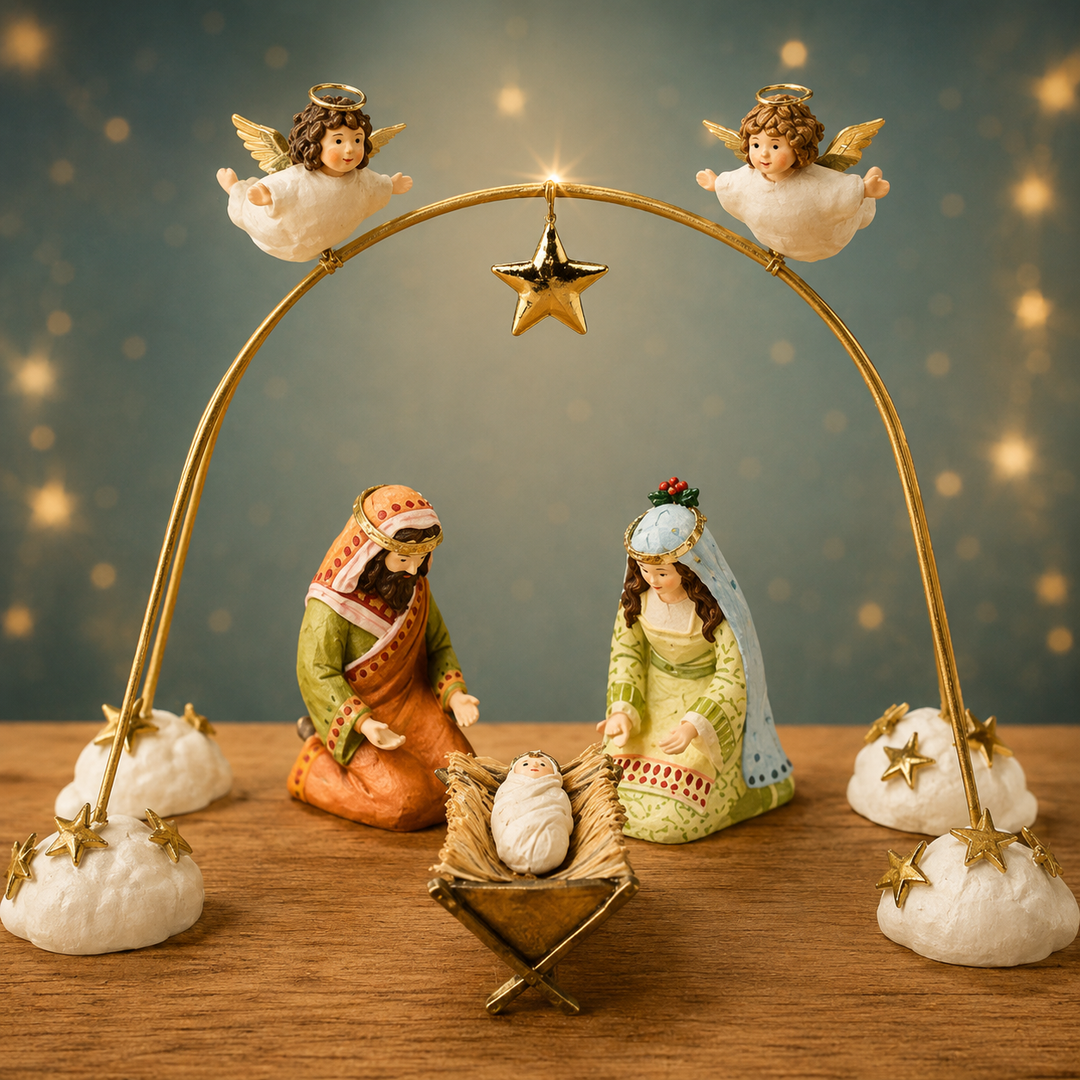 patience brewster Nativity scene with Mary, Joseph, and baby Jesus under a gold arch with angels and stars.