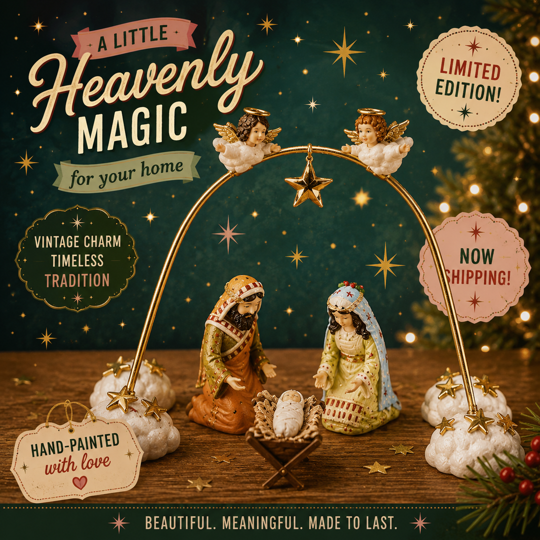 patience brewster Nativity scene with angel figures and star, set against a festive background with text about 'A Little Heavenly Magic'.
