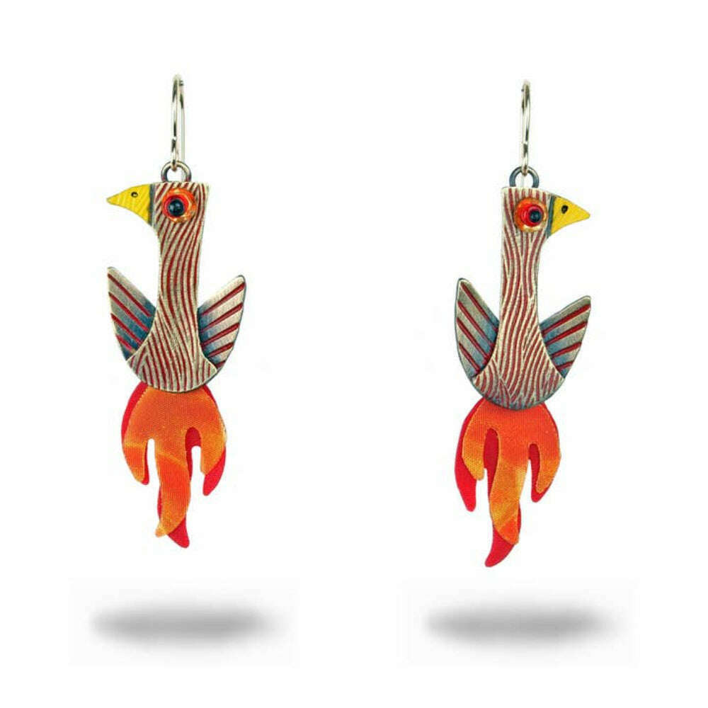 Chickenscratch Phoenix Earrings — handmade textured brass rising phoenix bird earrings with deep red enamel and prismatic orange-red swinging tails