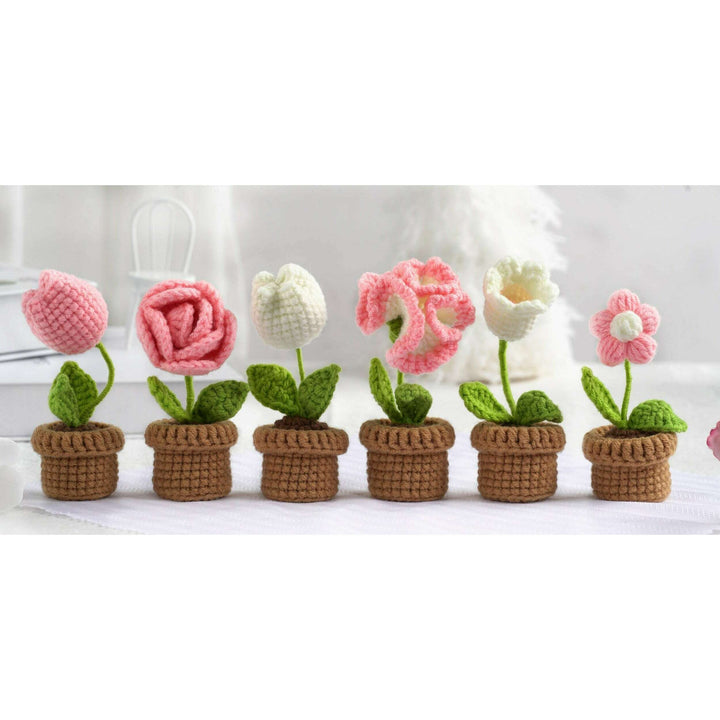 Pink and White Flowers. Potted Flower Amigurumi DIY Crochet Kit Wizardi F07N8-M23