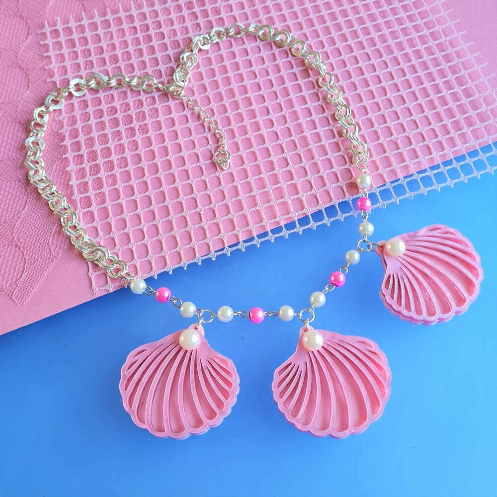 Pink Clam Shell Barbie Inspired Charm Necklace 