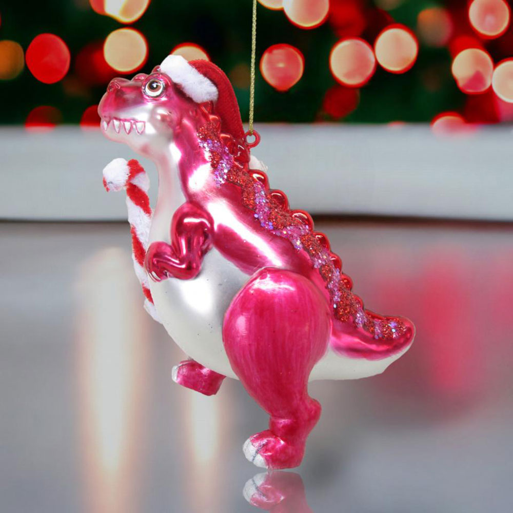 Pink Dinosaur w/Candy Cane Ornament by December Diamonds 