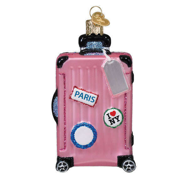 Old World Christmas Pink Rolling Suitcase Blown Glass Ornament