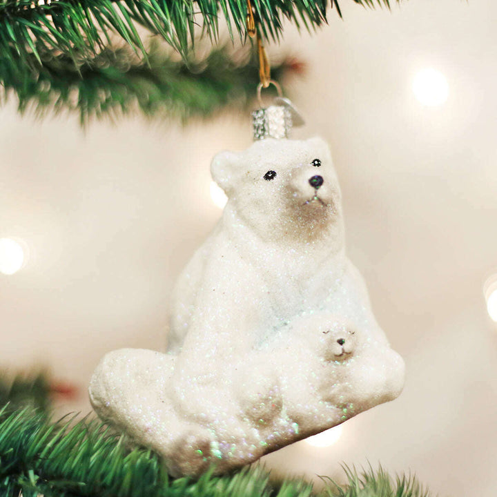 Old World Christmas Polar Bear With Cub Blown Glass Ornament