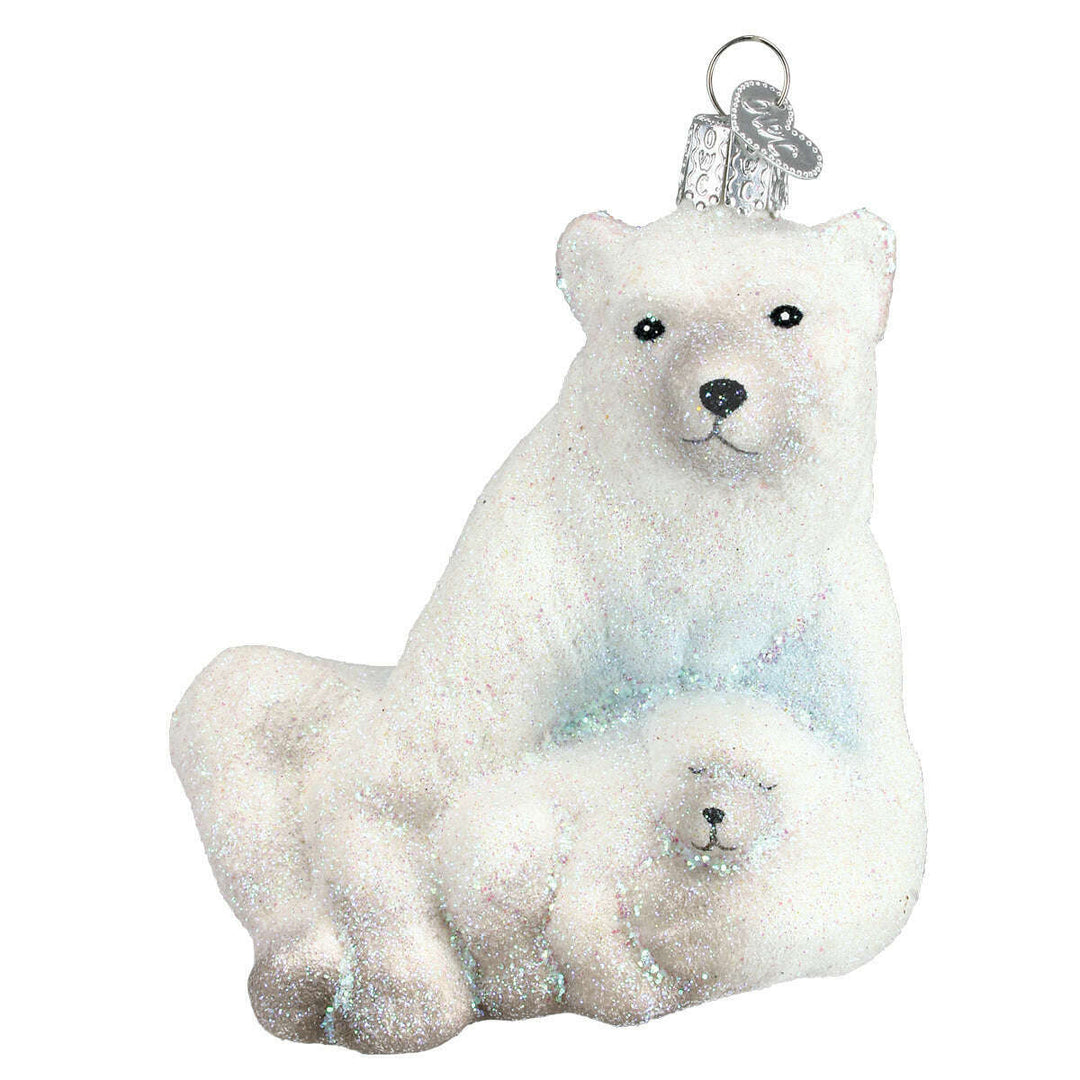Old World Christmas Polar Bear With Cub Blown Glass Ornament