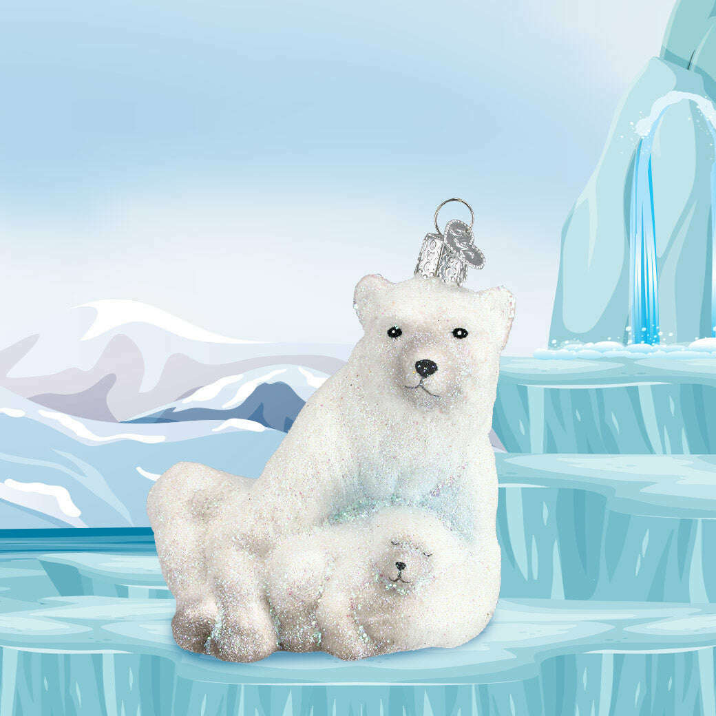 Old World Christmas Polar Bear With Cub Blown Glass Ornament
