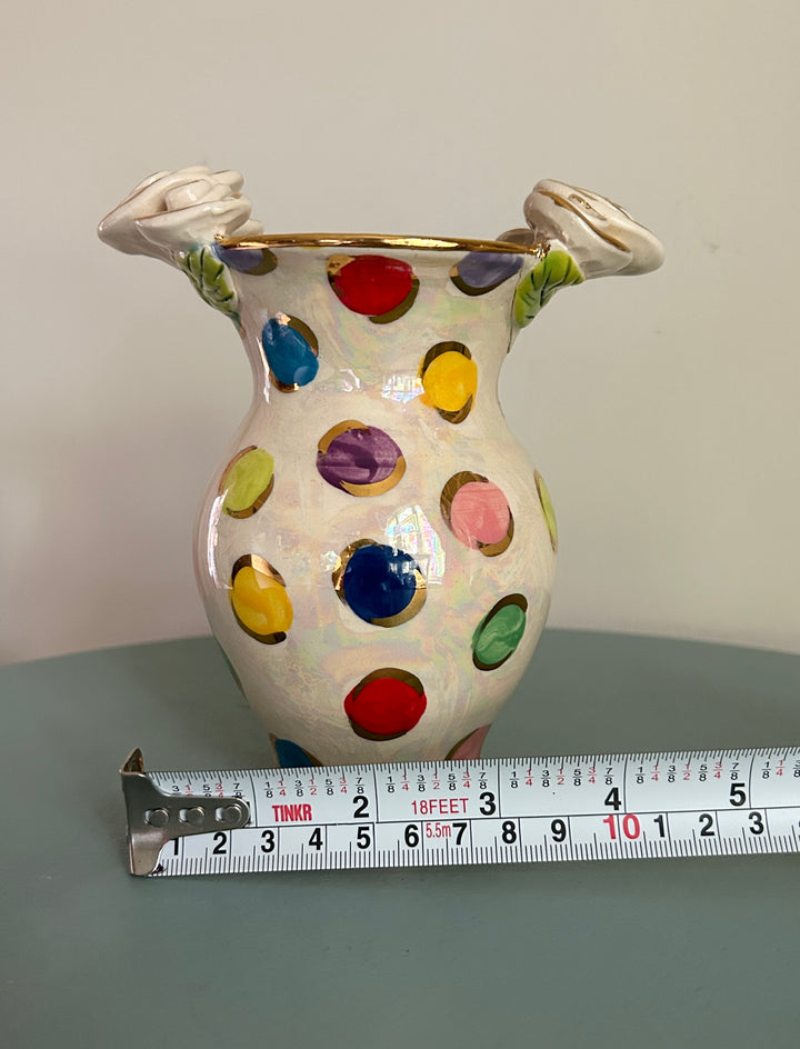 Polka dot vase front view with measuring tape