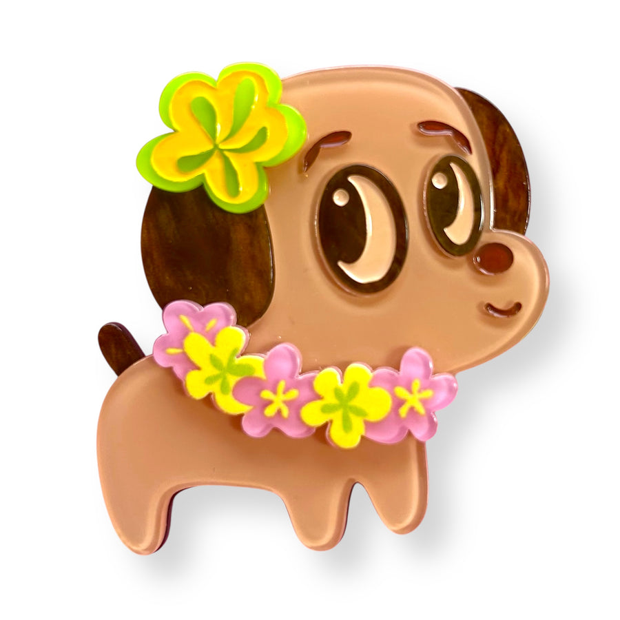 Miss Fluff Illustration of a cartoon dog with a flower headband and lei 