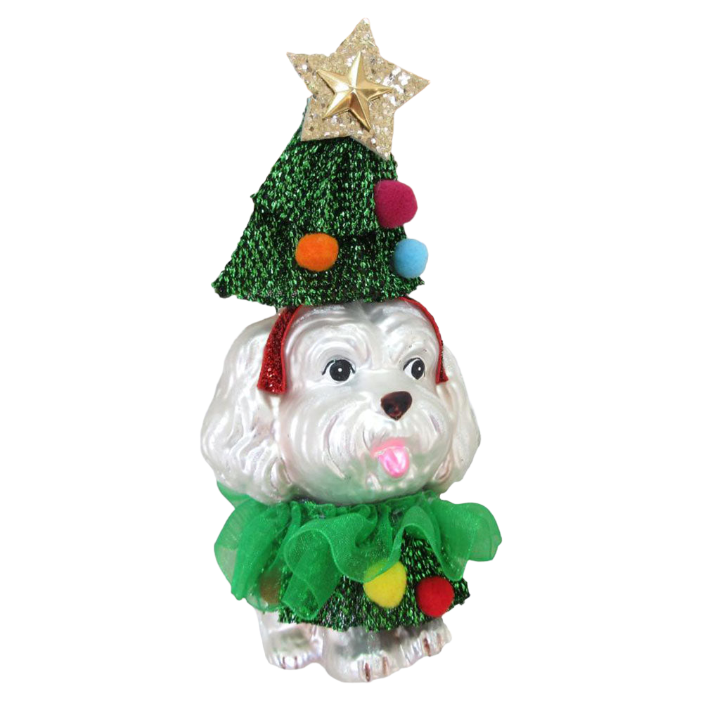 Decorative white poodle dog ornament with a Christmas tree hat 