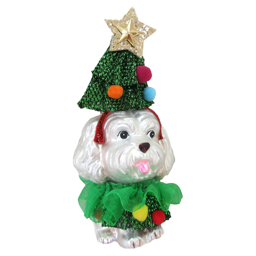 Decorative white poodle dog ornament with a Christmas tree hat 