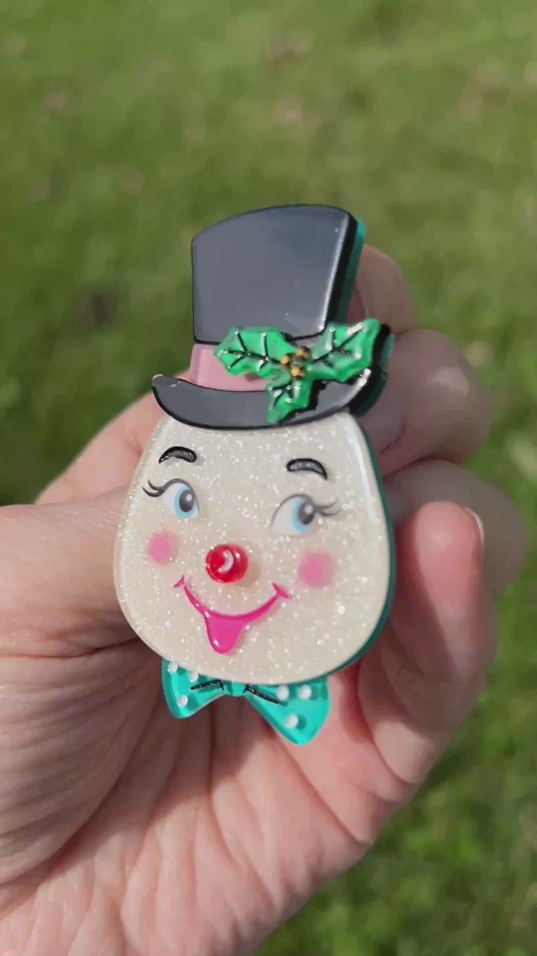 Video of the Mister Merry Brooch by 50's Vintage Dame and Lipstick and Chrome. Holiday snowman pin.