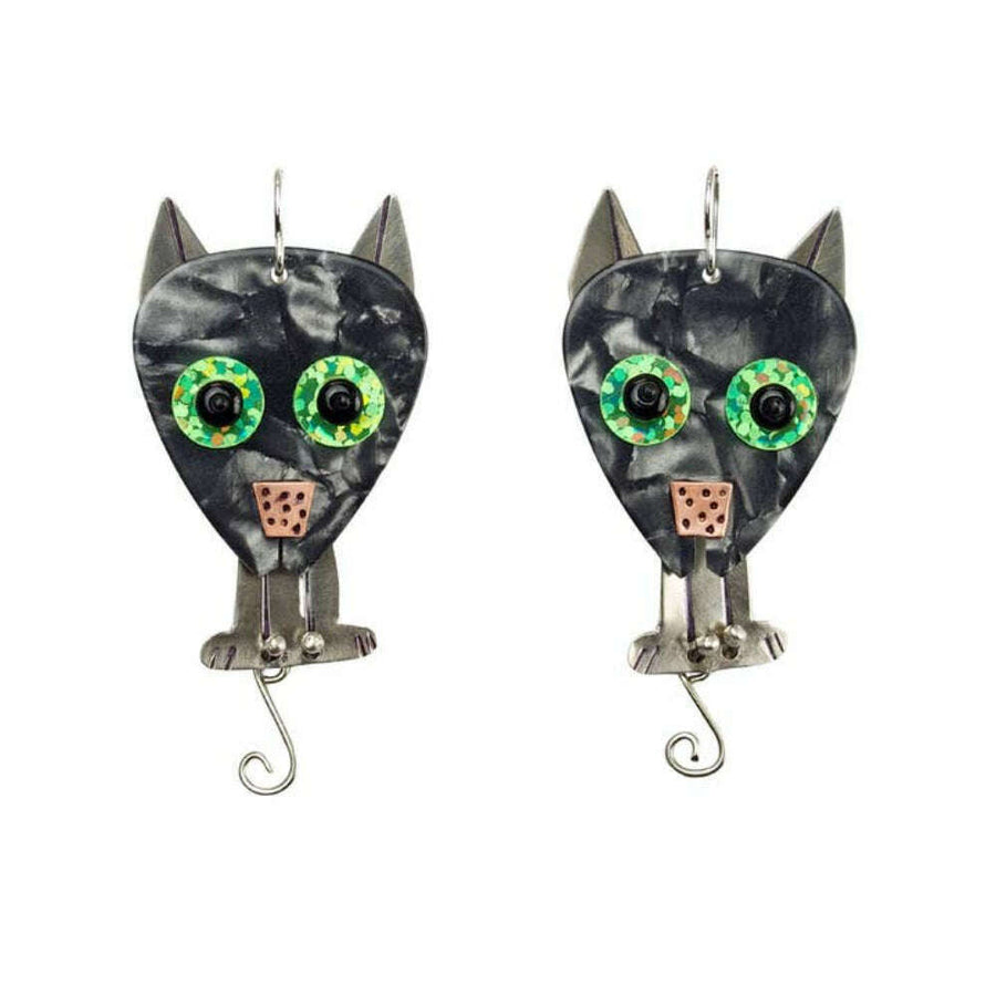 Chickenscratch Puff Cat Earrings — handmade white bronze grey guitar pick cat earrings with swinging tails, copper nose, and green prismatic eyes, sterling silver ear wires