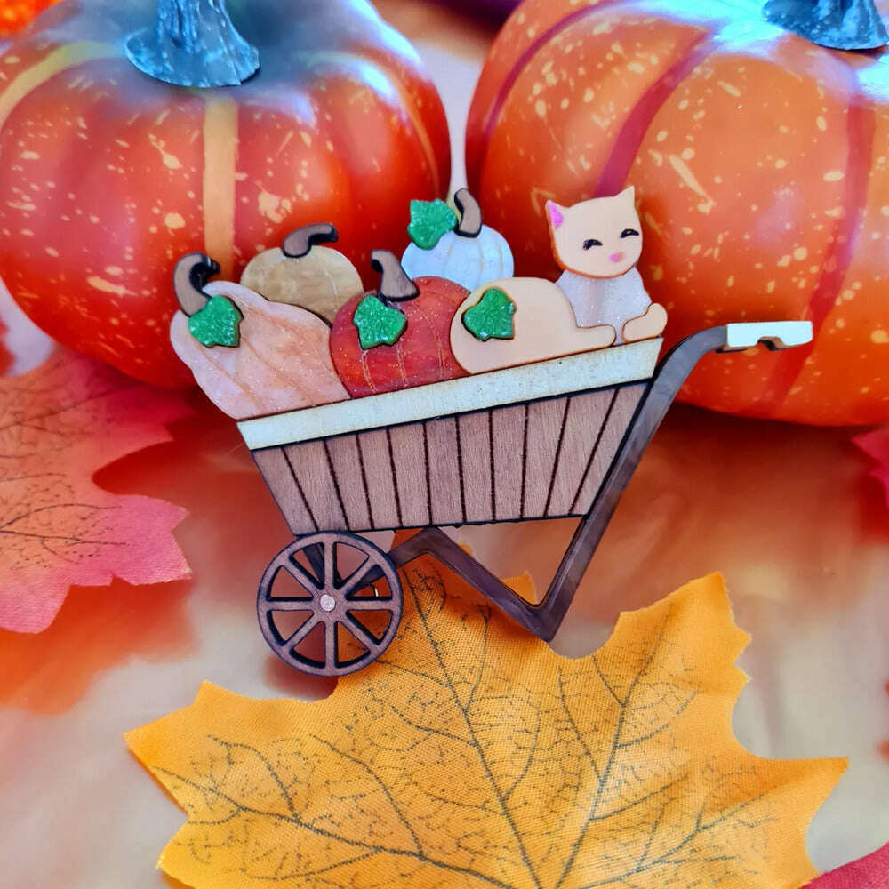 Pumpkin Kitty Cart Brooch or Necklace by Cherryloco Jewellery 