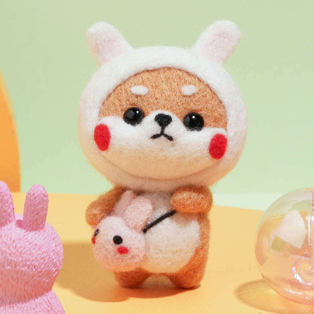 Puppy in Rabbit Costume Needle Felting Kit. Wizardi DIY Wool Craft Kit F07N8-W4