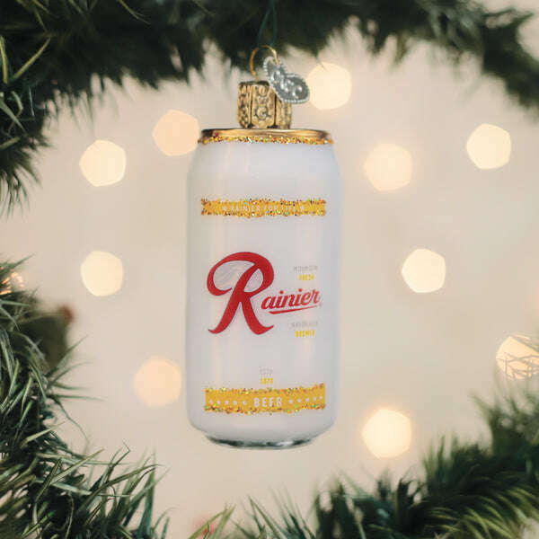 Old World Christmas Rainier Beer Can Blown Glass Ornament