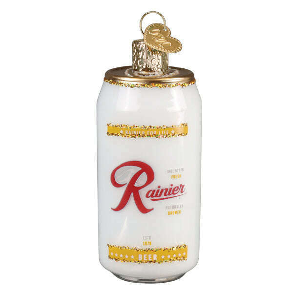 Old World Christmas Rainier Beer Can Blown Glass Ornament