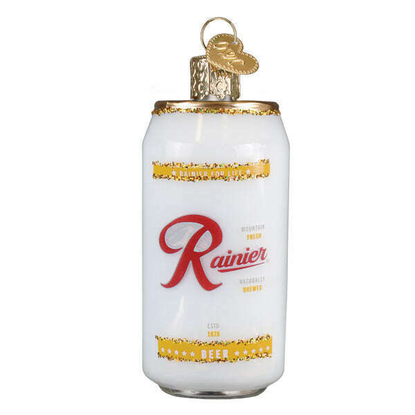 Old World Christmas Rainier Beer Can Blown Glass Ornament