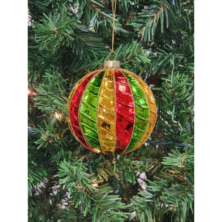 Red and Green Striped Ball Glass Christmas Ornament F07M7-35-LH76-23094