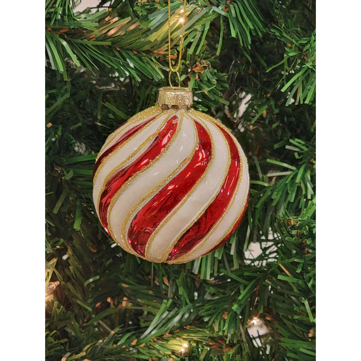 Red and White Striped Candy Ball Glass Christmas Ornament F07M7-19-LH76-2201