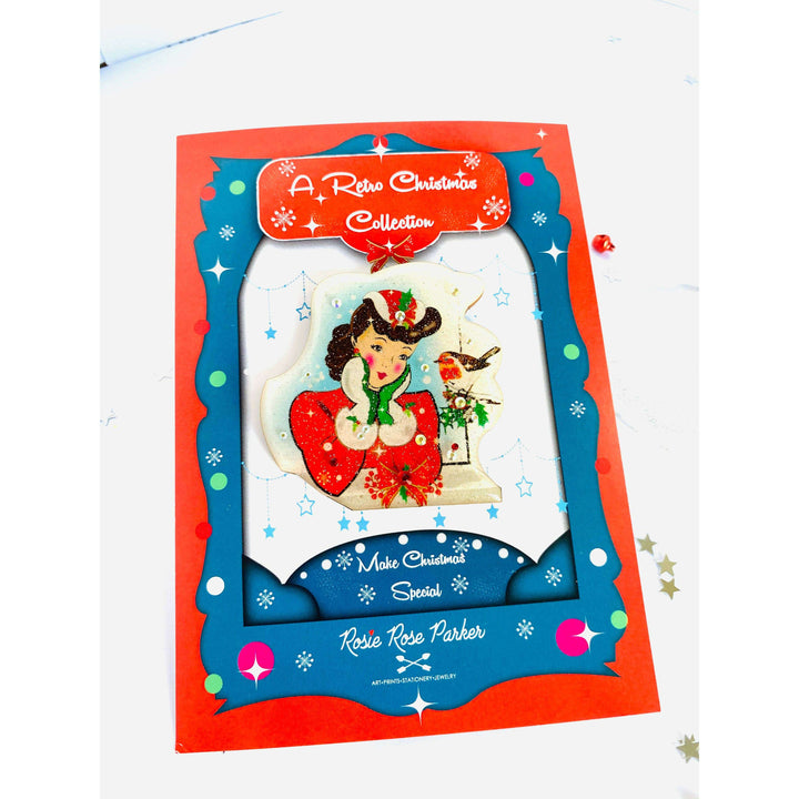 Red Robin and Christmas Lady Brooch by Rosie Rose Parker