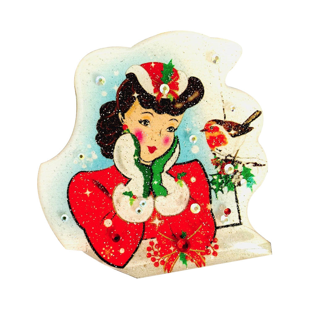 Red Robin and Christmas Lady Brooch by Rosie Rose Parker