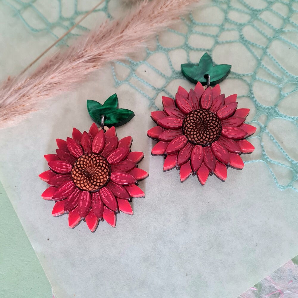Red Sunflower Earrings by Cherryloco Jewellery