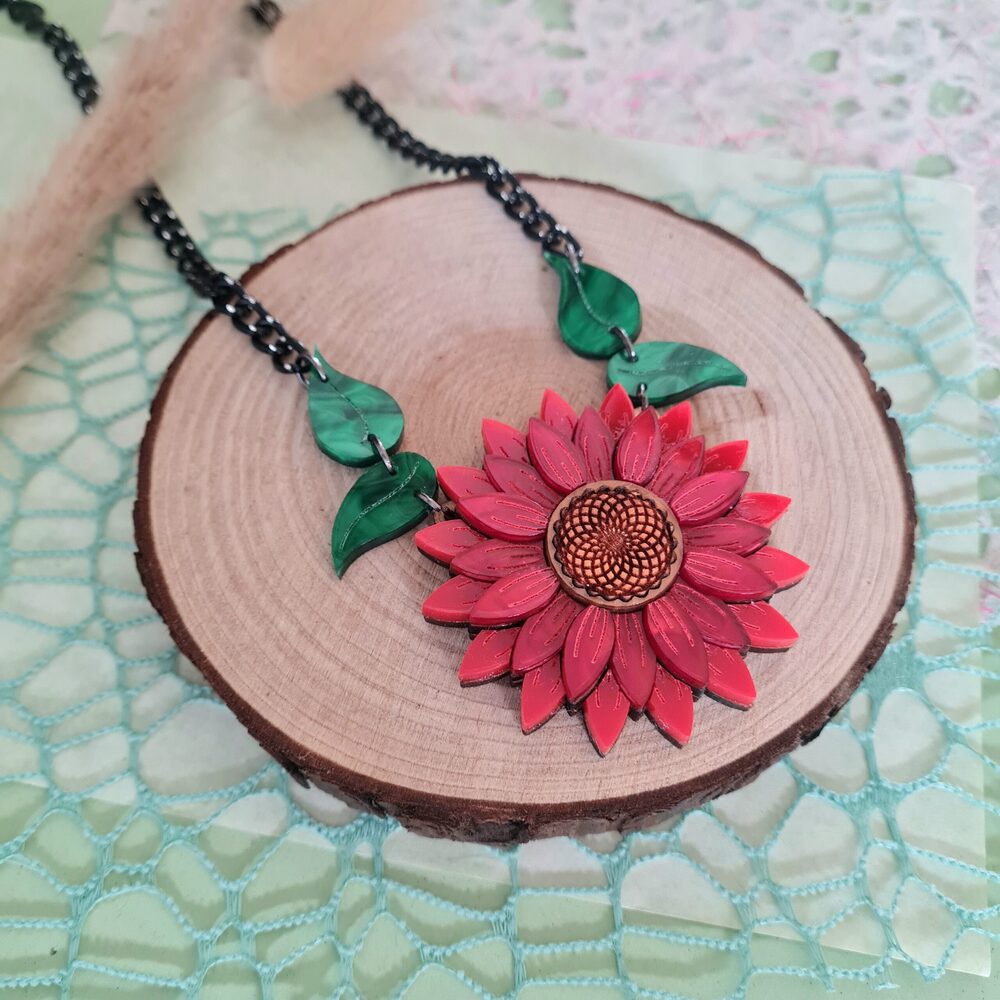 Red Sunflower Pendant Charm Necklace by Cherryloco Jewellery 