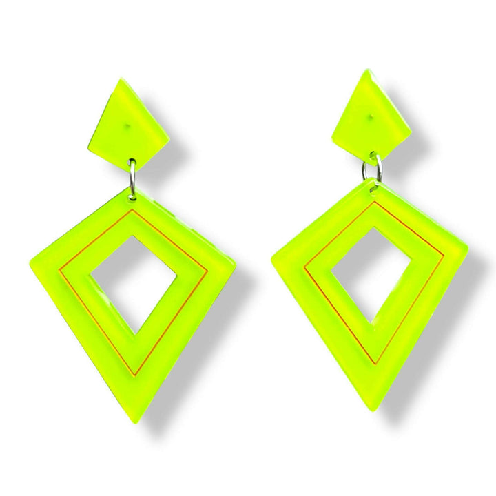 Retro Diamond Dangle Earrings in Green by Lipstick & Chrome — mod-inspired resin earrings, 1" wide, 2" drop