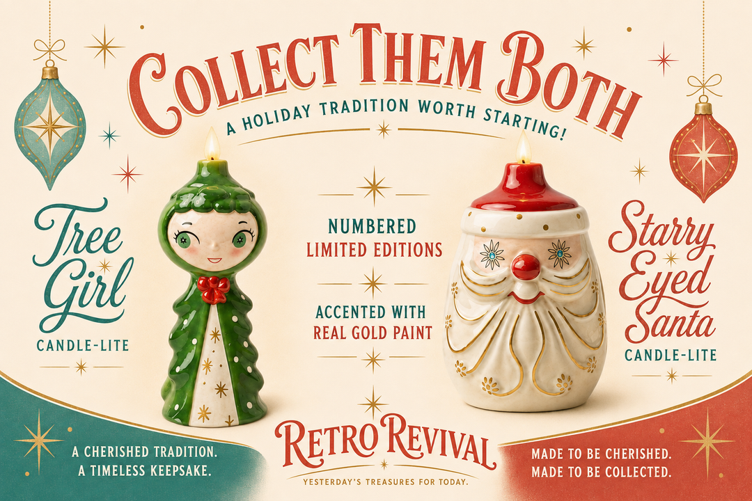 Retro-themed holiday candle-lights advertisement for Retro Revival, featuring two collectible ornaments: a green Tree Girl ornament on the left and a cream-colored Starry Eyed Santa ornament on the right. The background is cream with red and teal text, stars, and ornaments.