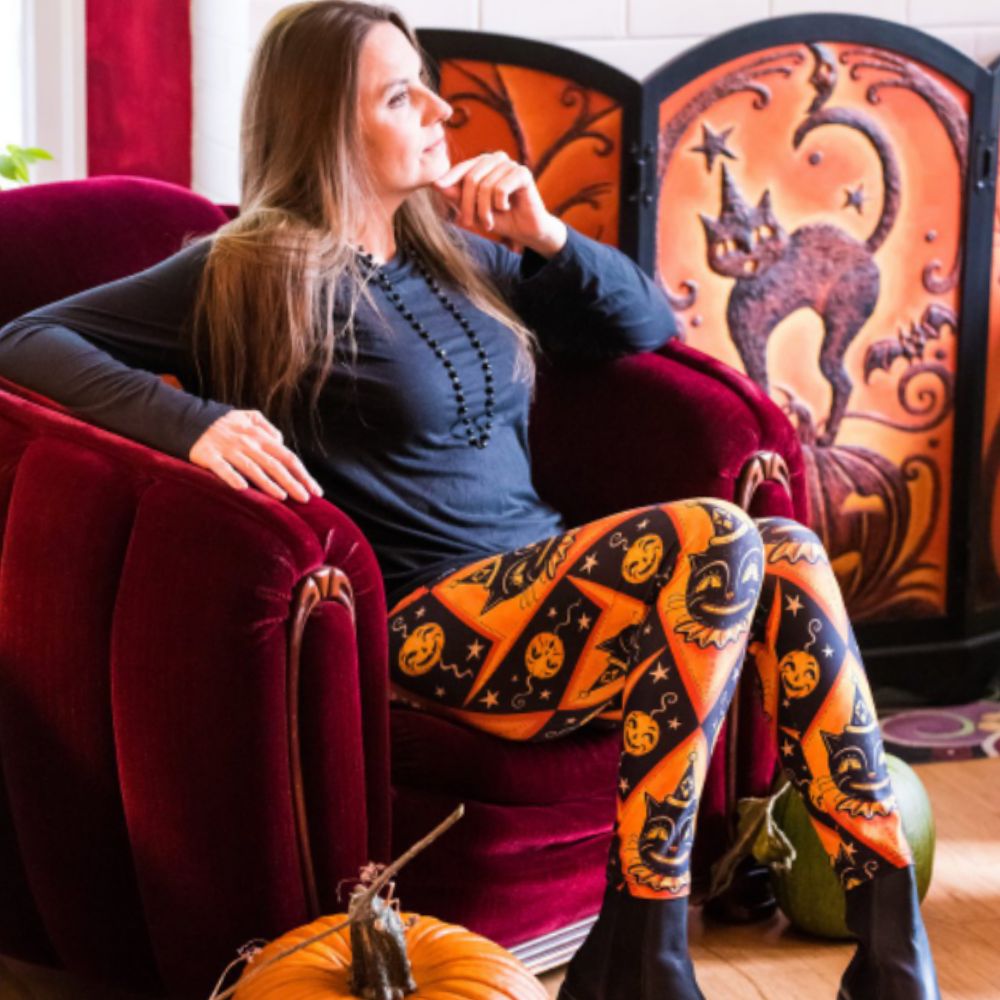 "Grinning Jack" (Johanna Parker Exclusive) Orange Vintage Cat - High-quality Handcrafted Vibrant Leggings