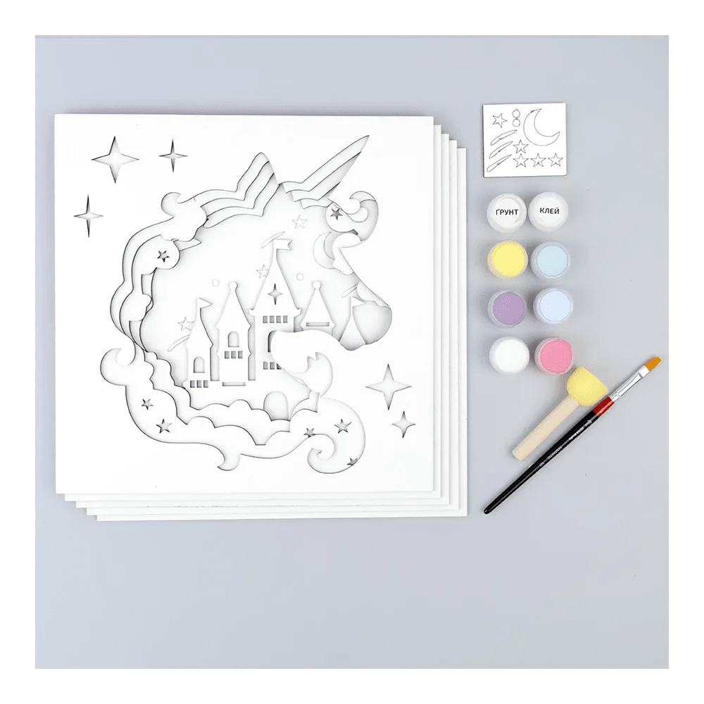 Rosa Talent Unicorn - 3D Painting Set. Primed Fiberboard. 5 Layers. 11.81*11.81 inches.
