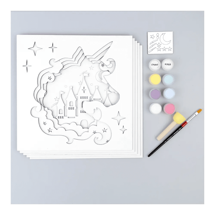 Rosa Talent Unicorn - 3D Painting Set. Primed Fiberboard. 5 Layers. 11.81*11.81 inches.