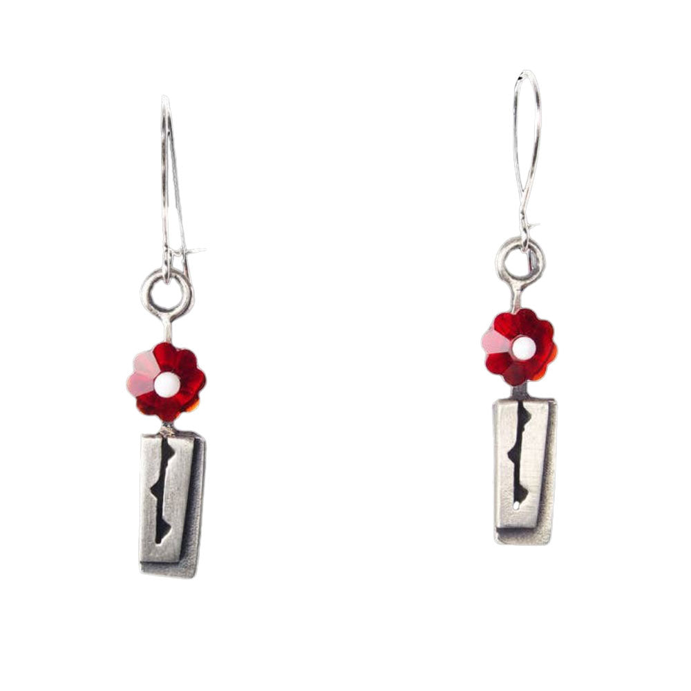 Chickenscratch Rosebud Earrings — cast sterling silver vase earrings with faceted bright red glass flower and white center, locking sterling kidney wires