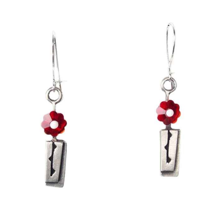 Chickenscratch Rosebud Earrings — cast sterling silver vase earrings with faceted bright red glass flower and white center, locking sterling kidney wires