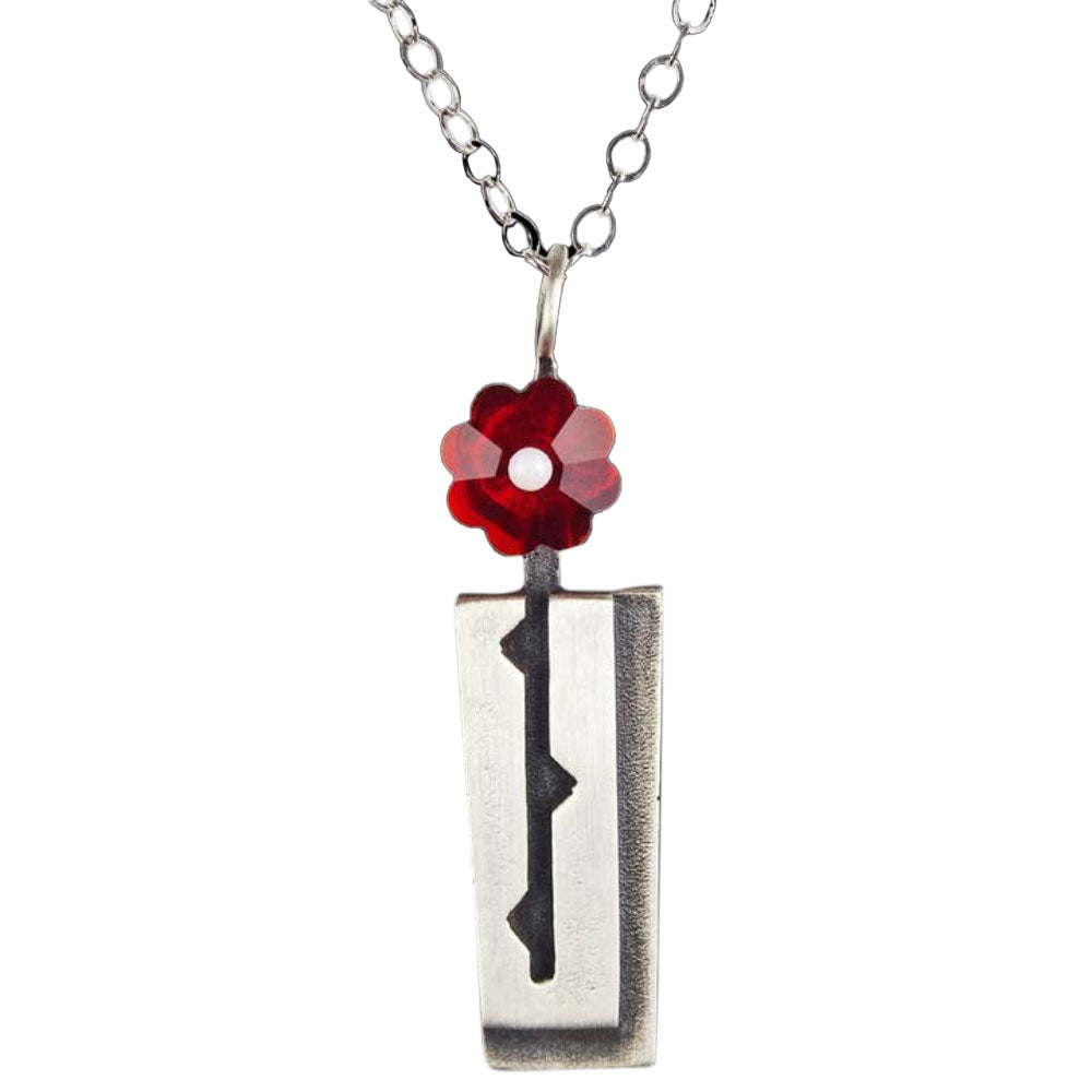 Chickenscratch Rosebud Necklace — cast sterling silver vase pendant necklace with bright red faceted glass flower and white center on 18-inch sterling silver chain
