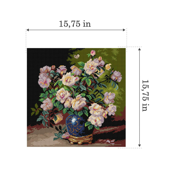 Roses in a Cobalt Vase 3480L Needlepoint canvas for halfstitch without yarn