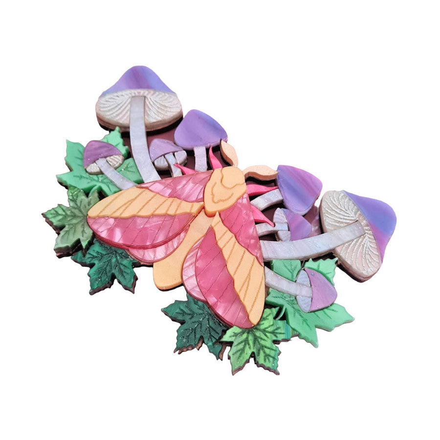Rosy Maple Moth And Mushrooms Brooch by Cherryloco Jewellery 1