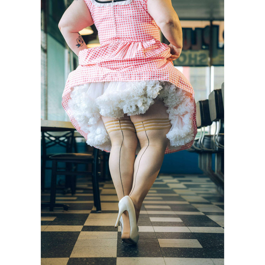 Ruby: Perfectly Seamed with a Cuban Heel Thigh Highs. Petite to Plus Size