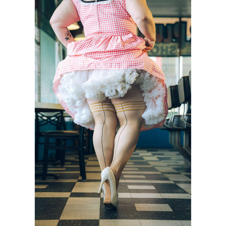 Ruby: Perfectly Seamed with a Cuban Heel Thigh Highs. Petite to Plus Size