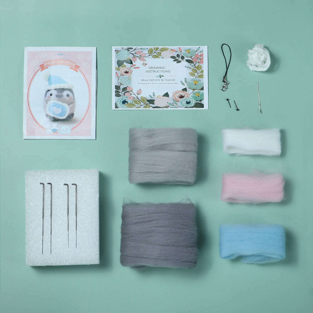 Sleepy Penguin Needle Felting Kit. Wizardi DIY Wool Craft Kit F07N8-W115